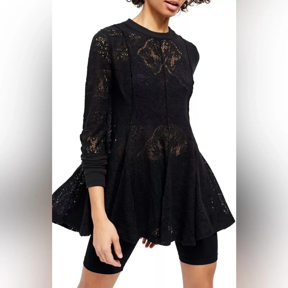 Free People Coffee in the Morning Tunic Top Size XS in Black